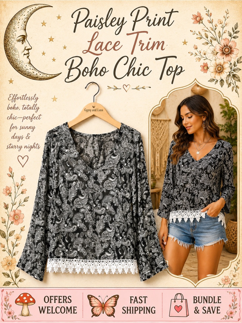 Peppermint Black White Paisley Print Blouse Lace Hem Long Sleeve Top Size Medium